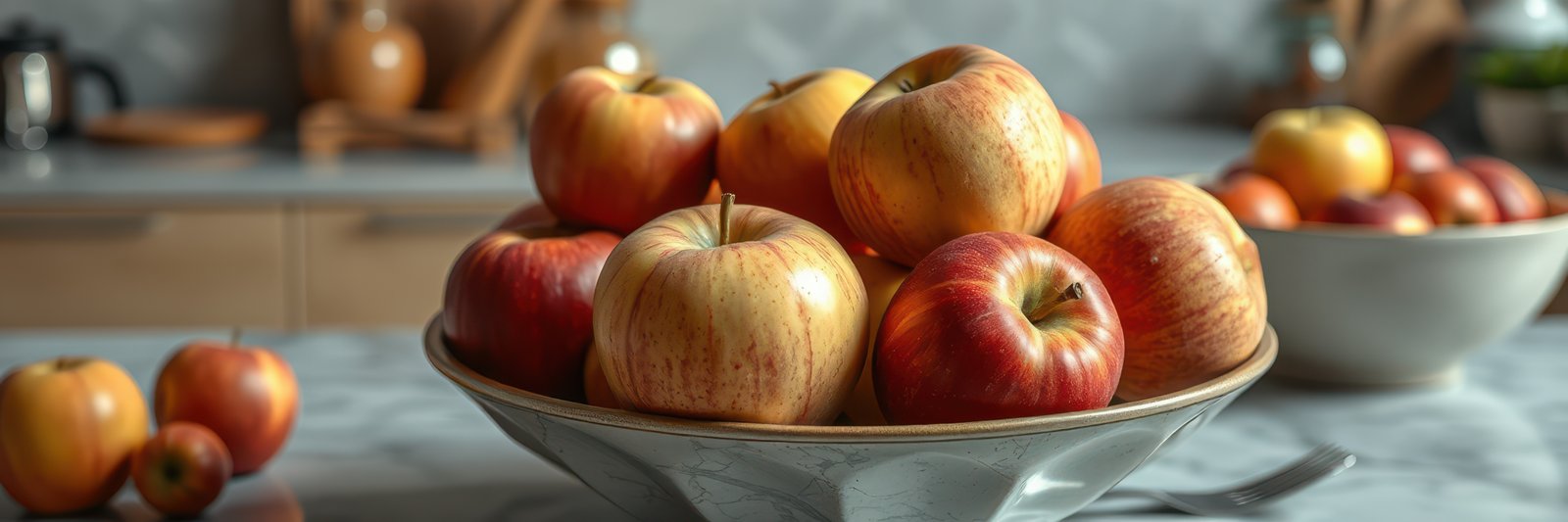 Freshly harvested apples arranged in a bowl on a kitchen countertop during daylight